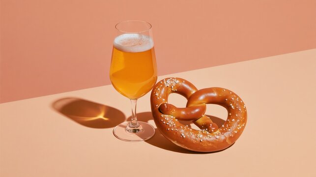 Modern conceptual still life of a glass of craft beer and a soft pretzel on a two-tone pastel background with strong shadows.