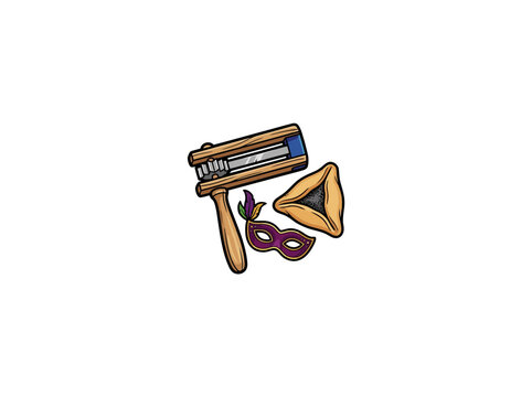 Art Depicting A Wooden Grogger Noisemaker Alongside A Triangular Hamantaschen Cookie And An Ornate Purple Masquerade Mask With Gold Trim Vector Illustration