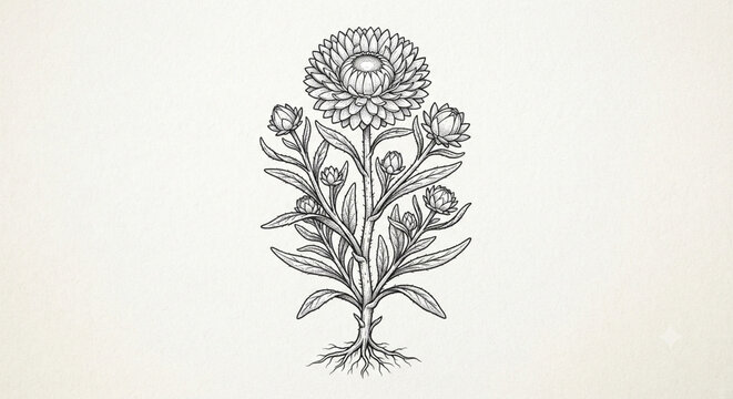 botanical sketch line art with buds leaves and roots