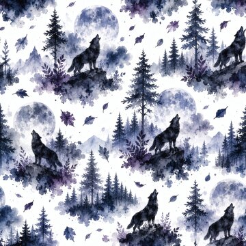Seamless watercolor pattern with wolves and moonlit forest landscape