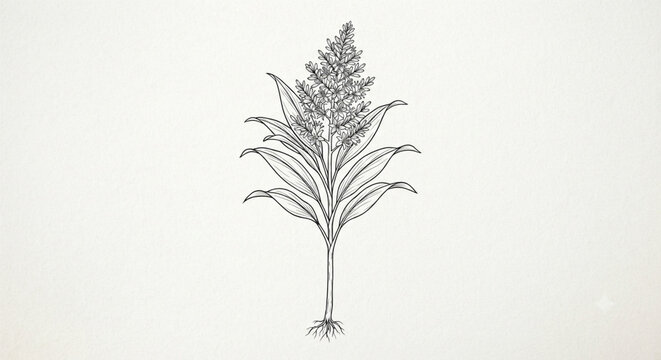 Botanical sketch of Cardamom or Ginger plant line art with flowers leaves and roots