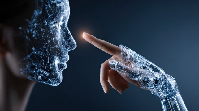 Artificial intelligence, human touch, digital future. A robotic finger reaches out to touch the glowing nose of a digital human face. ..Created with Generative AI, not depicting real subjects.