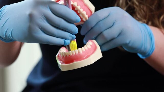 Gloved hands brushing lower teeth on plastic dental model during oral hygiene training with pink-handled toothbrush and yellow bristles showing gumline detail inside clinic setting