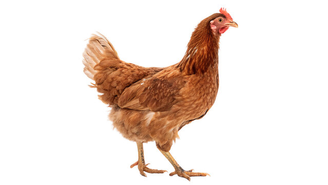 Domestic brown hen chicken standing side profile isolated on transparent background cut out