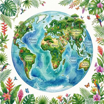 Watercolor World Map Filled with Tropical Rainforests, Exotic Wildlife and Lush Nature