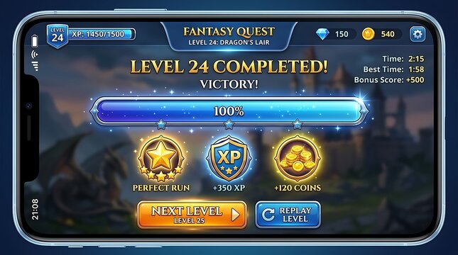 Digital game level completion screen victory celebration.