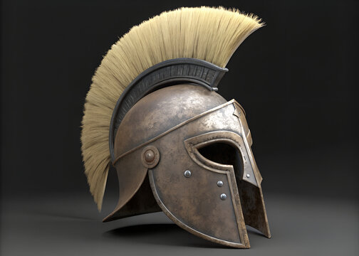 Shiny metal spartan warrior helmet with a light green crest isolated on a white background