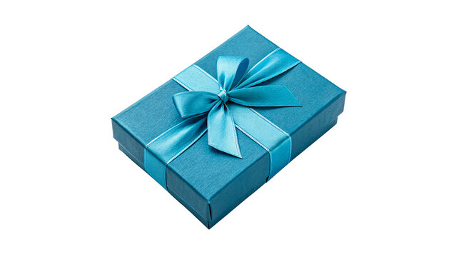 Elegant blue gift box wrapped with satin blue ribbon bow isolated on transparent background cut out