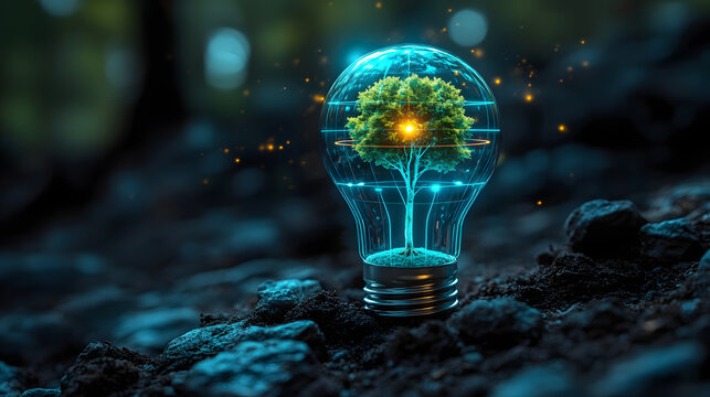 Glowing blue crystal tree sprout under glass dome in mystical forest