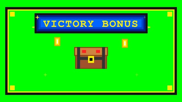 Retro arcade victory chest in a bright green scene.