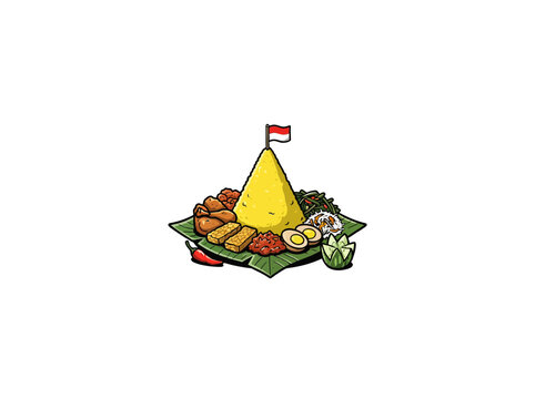 Indonesian Tumpeng Rice Dish Featuring A Yellow Rice Cone, Flag, Chicken, Vegetables, Eggs, And Garnishes Arranged On A Banana Leaf Vector Illustration