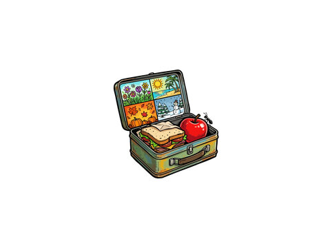 Ornate Vintage Metal Lunchbox Opened To Showcase Four Seasonal Scenes On The Inner Lid Containing A Layered Sandwich Red Apple And A Tiny Ant On Vector Illustration