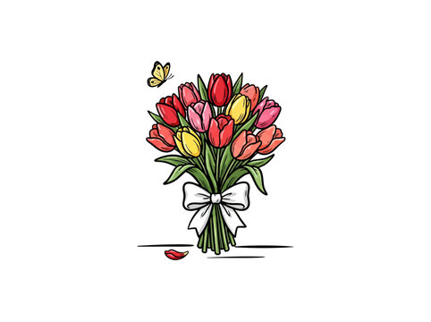 Vibrant Tulip Bouquet Illustration With Multicolored Tulips, Green Leaves, White Bow, Yellow Butterfly, And A Single Red Petal On A White Background Vector Illustration