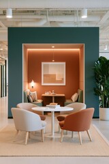 Fototapeta premium Stylish office lounge area with modern seating and warm lighting