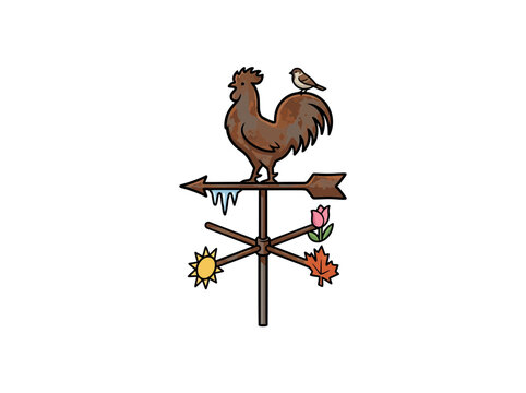 Ornate Weather Vane With Rooster Perched, Small Bird, Directional Arrows, And Decorative Elements Like Icicle, Sun, Tulip, Maple Leaf For Seasonal Home Decor, Vector Illustration
