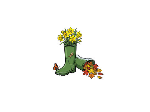Pair Of Green Wellington Boots With One Filled With Yellow Daffodils For Spring And The Other Spilling Autumn Leaves, Accompanied By Butterfly And Snail, Vector Illustration