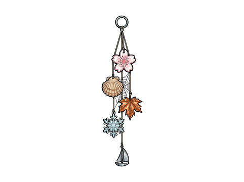Ornamental Wind Chime Featuring Colorful Hanging Charms Such As Pink Flower, Seashell, Snowflake, Autumn Leaf, And Small Sailboat To Represent Various Seasons, Vector Illustration