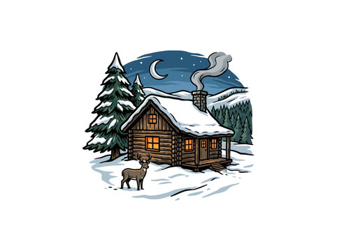 Rustic Winter Cabin With Snow-Covered Roof, Chimney Smoke, Glowing Orange Windows, Crescent Moon, And Deer In A Snowy Pine Forest Setting Vector Illustration