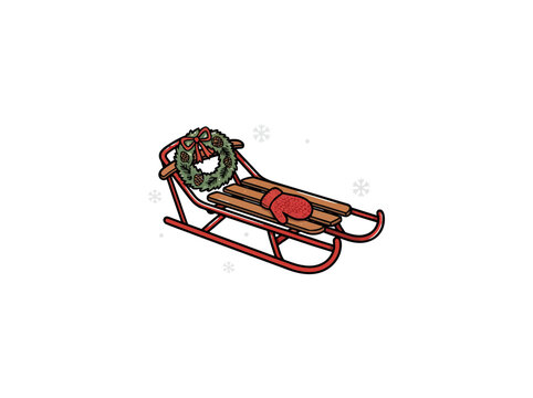 Illustration Of A Festive Sled Decorated With A Green Wreath And Red Mitten Set Against A Backdrop Of Delicate Snowflakes On White Background Vector Illustration