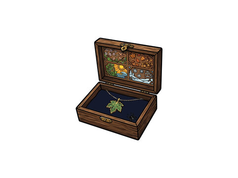 Hand Drawn Wooden Jewelry Box Open To Show A Gold Necklace With A Maple Leaf Pendant And Four Seasonal Artwork Panels On The Inside Lid Vector Illustration