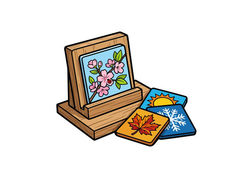 Wooden Calendar Stand With A Tile Featuring Spring Flowers And Three Additional Tiles Depicting Summer Sun Autumn Maple Leaf And Winter Snowflake Vector Illustration