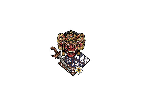 Ornate Balinese Wooden Mask With Intricate Red And Gold Carvings Paired With A Wavy Keris Dagger On A Batik Diamond Background Featuring Floral Elements Vector Illustration