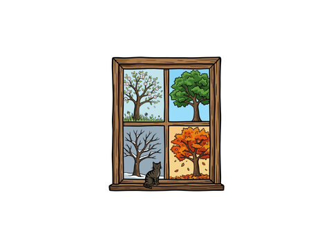 Traditional Wooden Window Frame With Four Seasonal Tree Illustrations And A Cat On The Sill In A Cozy Setting For Home Decoration Vector Illustration