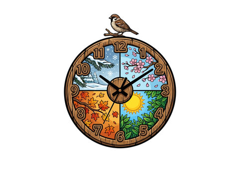 Rustic Wooden Wall Clock With Four Seasonal Illustrations Including Winter Snow Spring Flowers Summer Sun And Autumn Leaves Topped With A Bird Vector Illustration