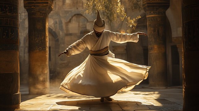 A whirling dervish in flowing white robes performs a ritualistic dance within an ancient stone edifice