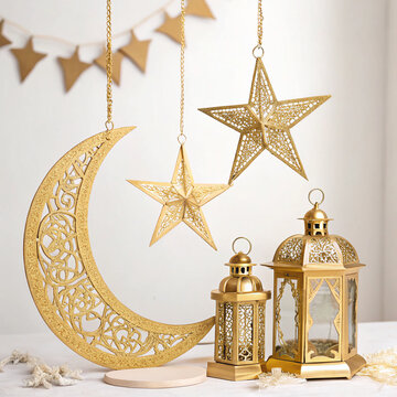 Ramadan Kareem decoration with golden crescent moon stars and traditional lanterns