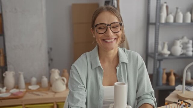 Woman with glasses smiling and holding a ceramic vase at a pottery workbench in a bright pottery studio; creative joy.