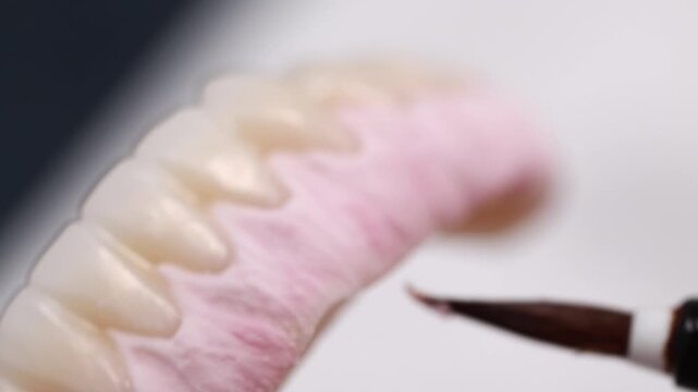Fine brush applying pigment along gum line on dental prosthetic, revealing realistic tooth shading, glossy enamel texture, and careful restorative finish under soft studio light