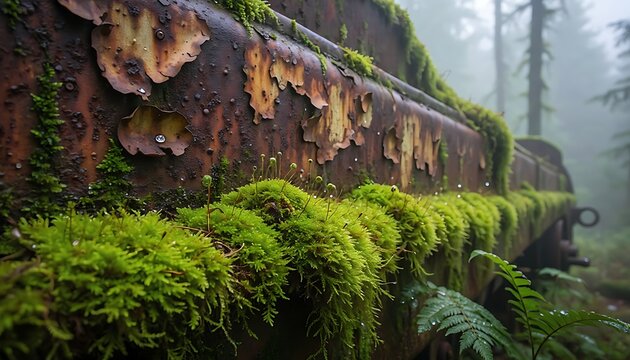 Rusty vintage train car covered in green moss, abandoned industrial machinery in foggy forest, weathered metal texture with peeling paint