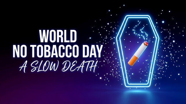 World No Tobacco Day Coffin Cigarette Neon Concept, 3D Anti Smoking Campaign, A Slow Death Awareness, Quit Tobacco, and Healthcare Banner Background