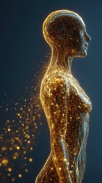 The abstract human body formed by glowing golden particles and network lines dissolves into shimmering stardust, representing data. ..Created with Generative AI, not depicting real subjects.