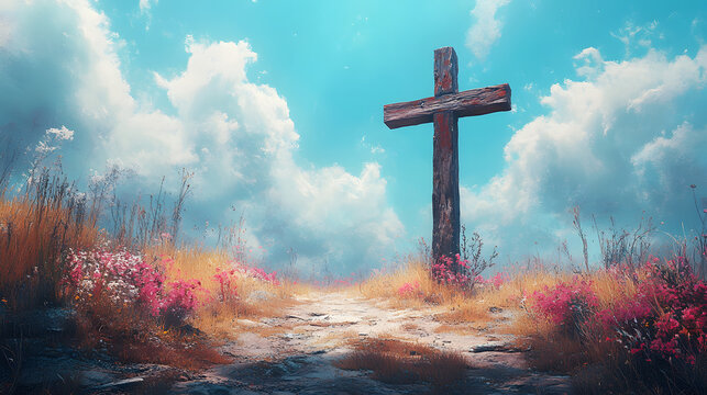 Christian holy cross standing on a hill under dramatic sky