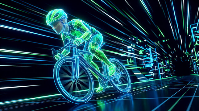 Cyclist Riding Bicycle Glowing Neon Wireframe Concept, Futuristic 3D Cyber Sports, High Speed Motion, and Virtual Fitness Background