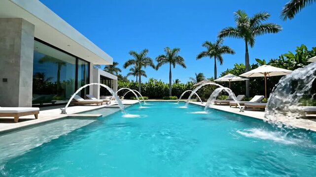 Water Jets Spraying Into Luxury Swimming Pool at Tropical Villa | Sunny Summer Vacation
