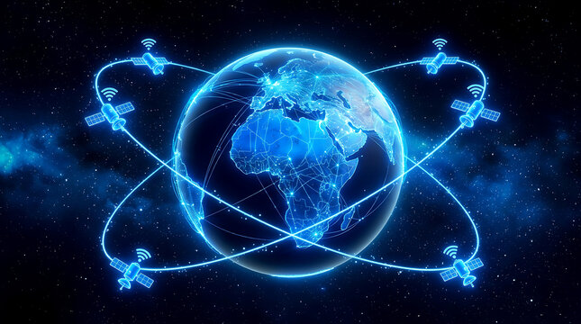 Glowing Blue Earth Orbiting Satellites Network Concept, 3D Global Telecommunication, GPS Navigation, Space Technology, and Worldwide Internet Connection Background