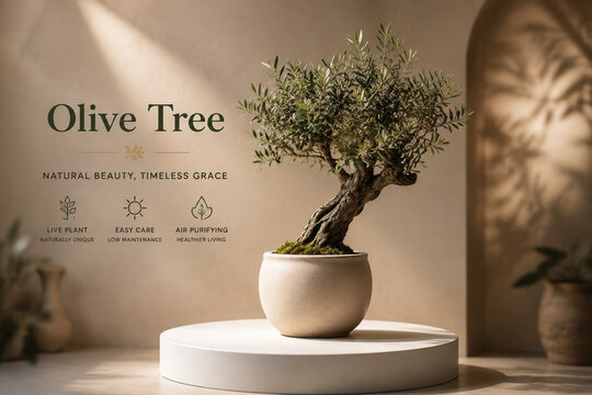 Small olive tree in neutral ceramic pot on white podium, home decor and natural wellness retail banner.