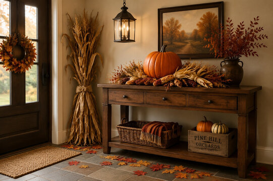 Entryway with pumpkin and corn husk centerpiece on console table, corn stalks, scattered fall leaves, warm welcome and autumn decor concept