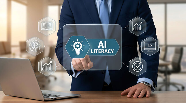 Businessman pointing at AI literacy concept icons on modern digital interface