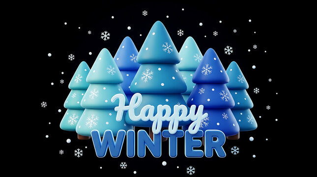 Happy Winter Blue Pine Trees Snowfall Concept, 3D Winter Season Celebration, Christmas Forest, Snowing Effect, and Greeting Banner Background