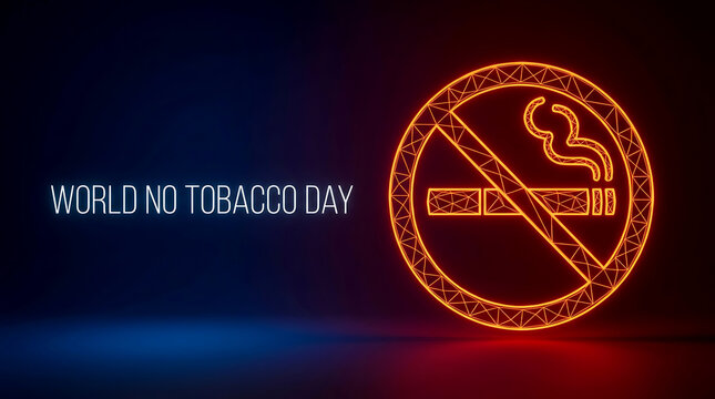 No Smoking Sign World No Tobacco Day Glowing Wireframe Concept, 3D Neon Symbol, Anti Smoking Campaign, Quit Tobacco, and Healthcare Awareness Banner Background