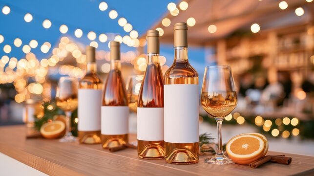 Rows of rose wine bottles with blank labels on wooden table beside glass and orange slices under string lights