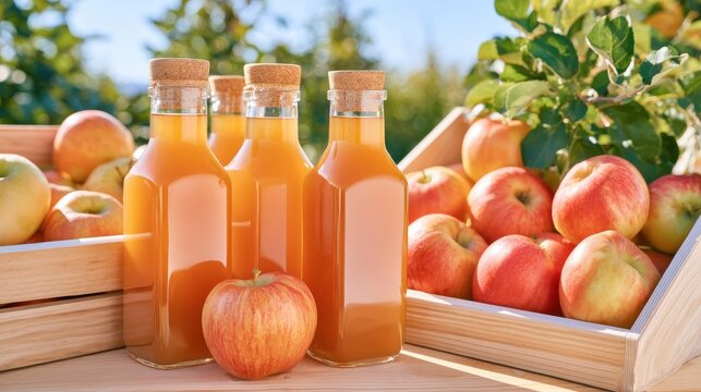 Freshly filled glass bottles of apple cider with ripe apples in wooden crates under bright sunlight