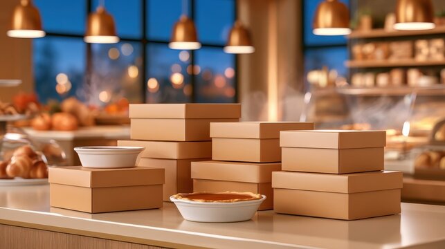 Pumpkin pie in white dish beside stacked bakery boxes on counter under warm pendant lights