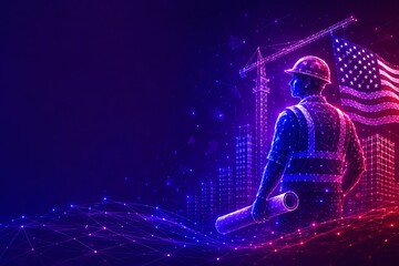 Naklejka premium Construction worker holding blueprints in front of glowing american flag with crane silhouette.labor day usa hard hat construction blueprint industry engineer.labor day usa