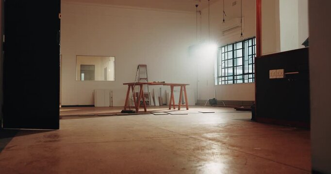 Construction, vacant or remodeling with table, building site or development in structure improvement. Flare, empty or refurbishment with repair progress, maintenance or renovation of infrastructure.
