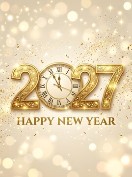 Soft and elegant Happy New Year 2027 vertical card with sparkling gold numbers, vintage clock dial, and glowing golden bokeh light background.